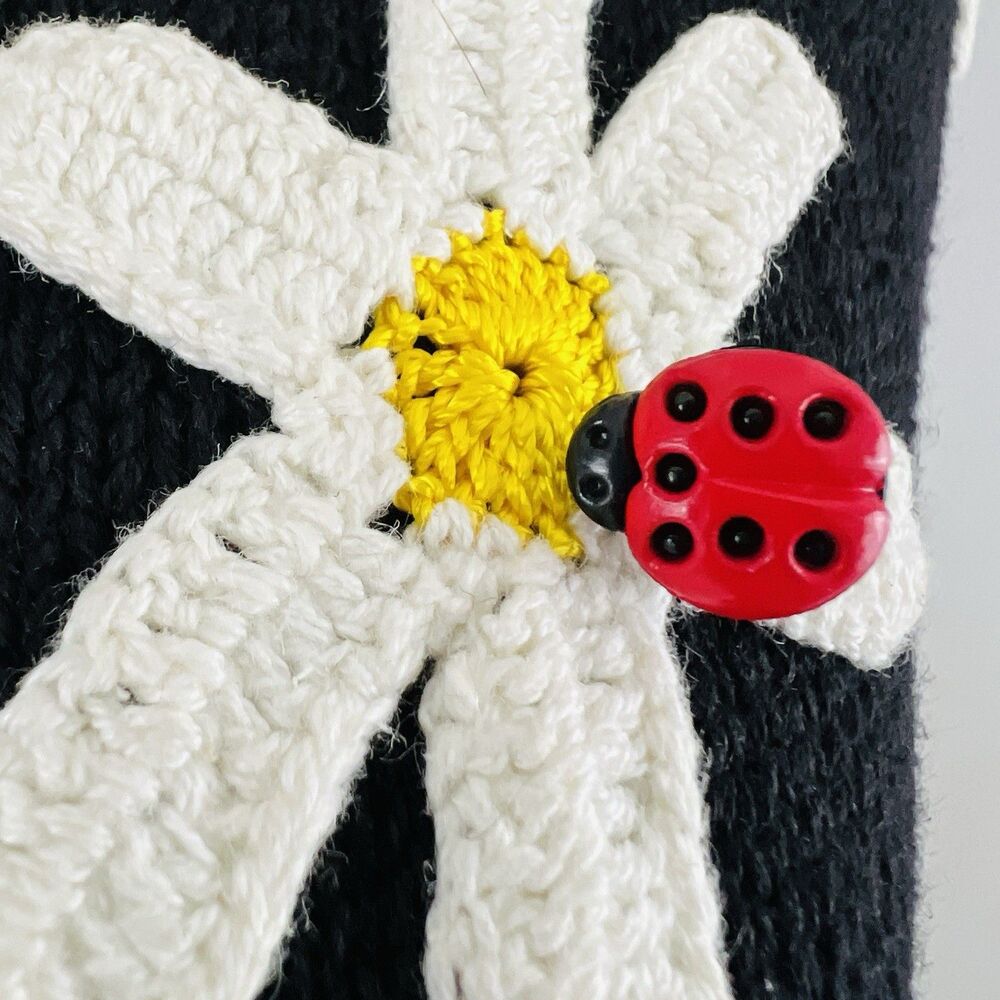 Vtg Shenanigans Black Daisy & Ladybug Y2K Cottagecore Knitted Cardigan Sweater M - Picture 3 of 10